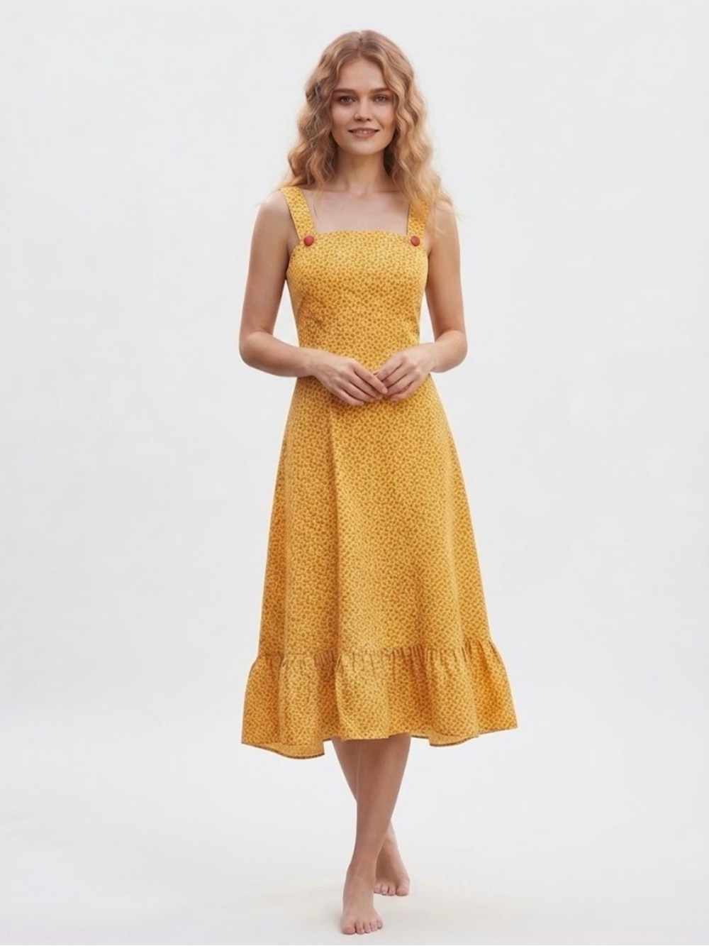 Vintage Handmade Yellow Floral Sundress Square Neck Ruffle Hem Cottagecore S/M